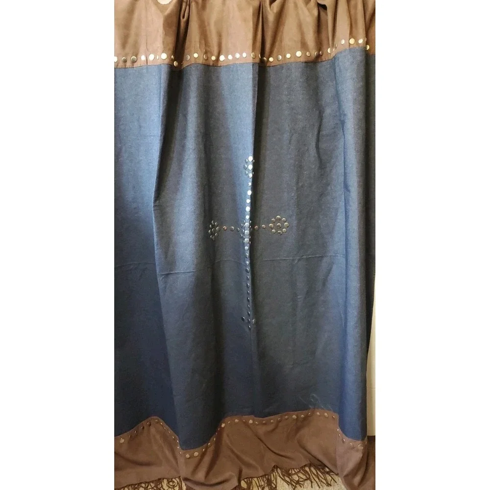 Denim Blue & Brown Faux Suede Western Curtain Studded By Triple Creek‎ 69.5x73
